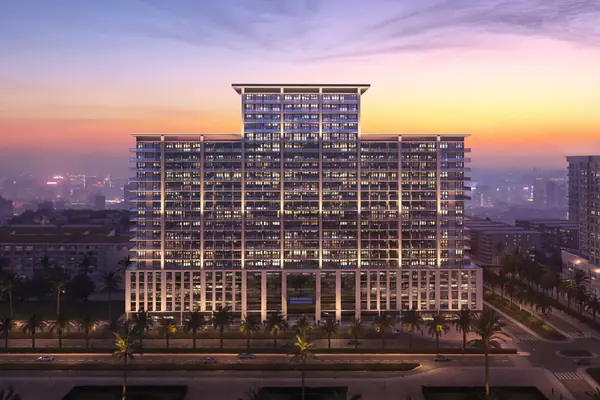 Developer render of Binghatti Amberhall, a Binghatti project in Jumeirah Village Circle.