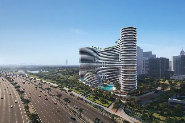 Developer render of Binghatti Aquarise, a Binghatti project in Business Bay.