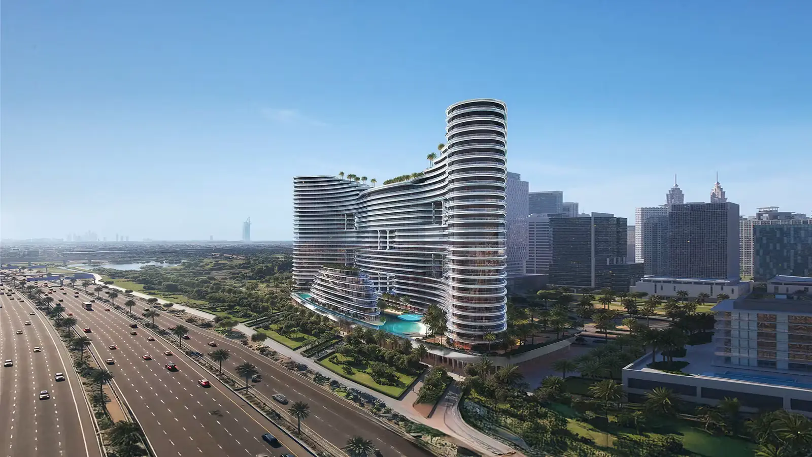 Developer render of Binghatti Aquarise, a Binghatti project in Business Bay.