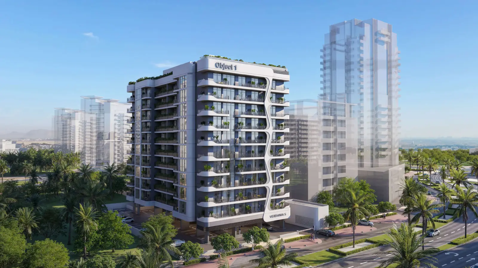Developer render of VERDAN1A 5, an Object 1 project in Dubai Land Residence Complex.
