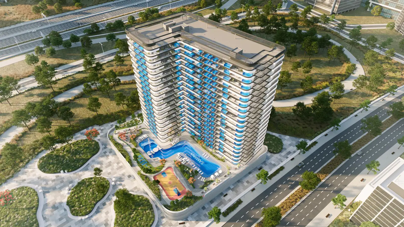 Developer render of SAMANA Resorts, a Samana project in Dubai Production City.